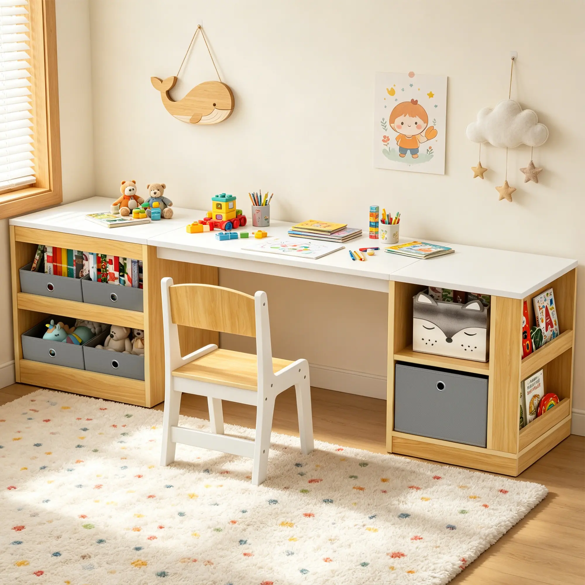 Modern Kids Study Desk & Chair Set, Natural & White ,Long Toddler Craft Activity Table with Open Cubbies & Pull-out Drawers, Single Child Workstation for Writing, Drawing, Toy Organization, Playroom & Bedroom