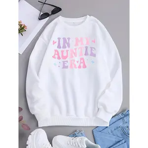 Women's "In My Auntie Era" Fun Letter Print Fitted Polyester Round Neck Long-Sleeve Hoodie Sweatshirt, Soft Casual Pullover, Ideal for Mother's Day, Wedding Celebrations, Black Gift Top