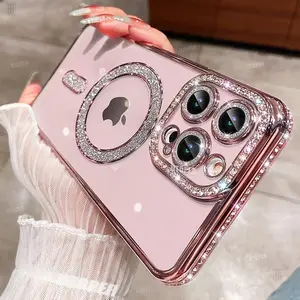 For iPhone 14 15 Pro Max Glitter Diamond Crystal Camera Lens Clear Case For iPhone 15 11 12 13 14 Pro Max Plus Magsafe Magnetic Plating Shockproof Cover