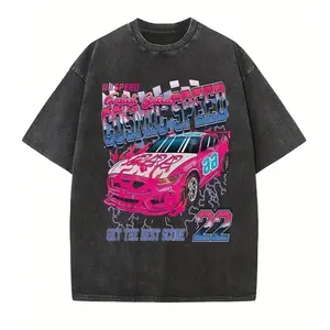 Men's Washed Cotton Streetwear Racing Graphic Top and Oversized Retro Motorsport Print Apparel Distressed Appearance Unisex Urban Casual Attire Father's Day Gift