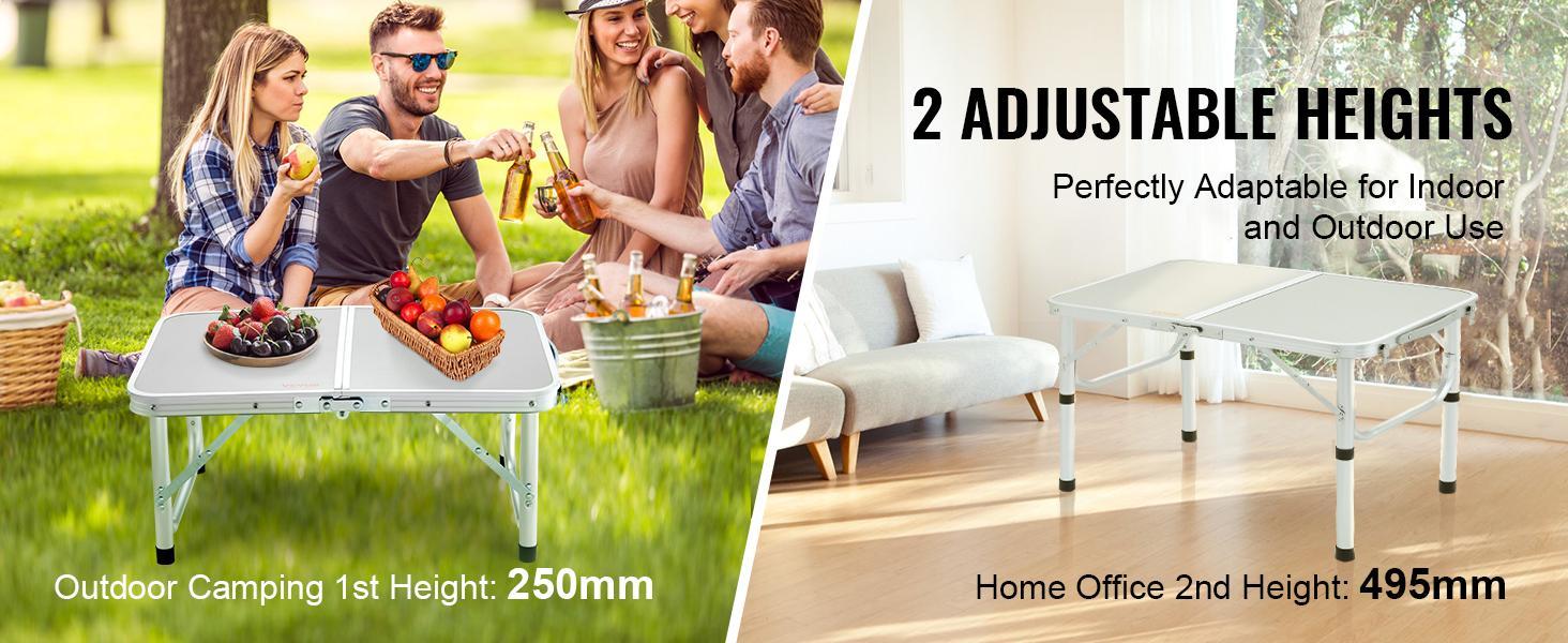 VEVOR Folding Camping Table, TikTokShopBlackFriday, Adjustable Height Outdoor Portable Side Tables, Lightweight Fold Up Table, Aluminum & MDF Ultra Compact Work Table, For Cooking, Beach, Picnic, Travel, 24x16 inch, Silver