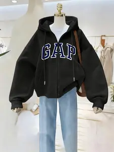 Women's Fall Winter Fleece Hoodie, Gap Letter Print Long Sleeve Casual Loose Simple Hooded Sweatshirt, Comfortable Fit, All Seasons, Womenswear