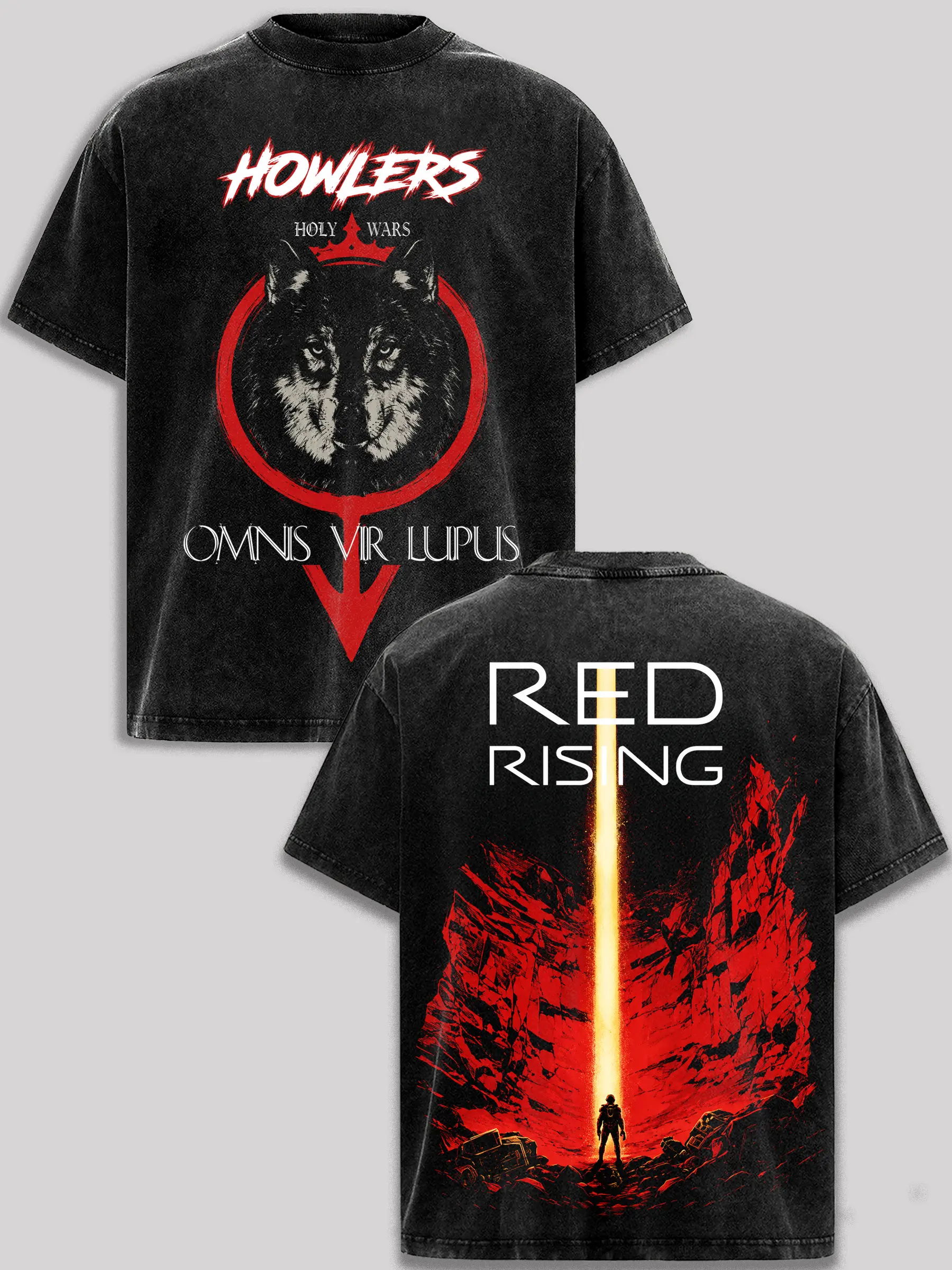 Howlers Red Rising Vintage Washed Oversized T Shirt Red Rising Saga Graphic Tee Howlers Wolf Omnis Vir Lupus Heavyweight Cotton Black Acid Wash Streetwear Unisex Retro Sci Fi Fantasy Shirt Gift For Fans