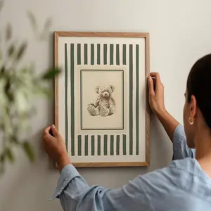Vintage Teddy Bear Whimsical Art Print – Coastal Earthy Green Stripe Nursery Wall Art, Quiet Luxury Farmhouse Decor C