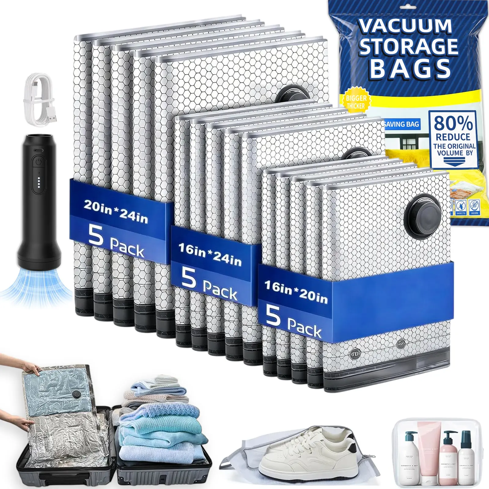 Cordless Vacuum Packing Pump & 15pcs Space Saver Sealer Bags Set, Air-Tight Organizing Vacuum Sealers for Clothes, Home Storage Use, Homeowners