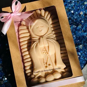 American Bespoke Candles VIRGENCITA DE GUADALUPE Candle En Grande with Elegant Pink Bow and Golden Packaging