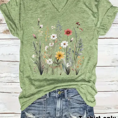Women's Comfortable Breathable V Neck Floral Boho Print Casual Summer Top, Loose-Fitting Short Sleeve T-Shirt, Comfy Basic Tee, S-XXL, Womenswear