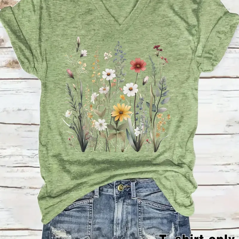 Women's Comfortable Breathable V Neck Floral Boho Print Casual Summer Top, Loose-Fitting Short Sleeve T-Shirt, Comfy Basic Tee, S-XXL, Womenswear