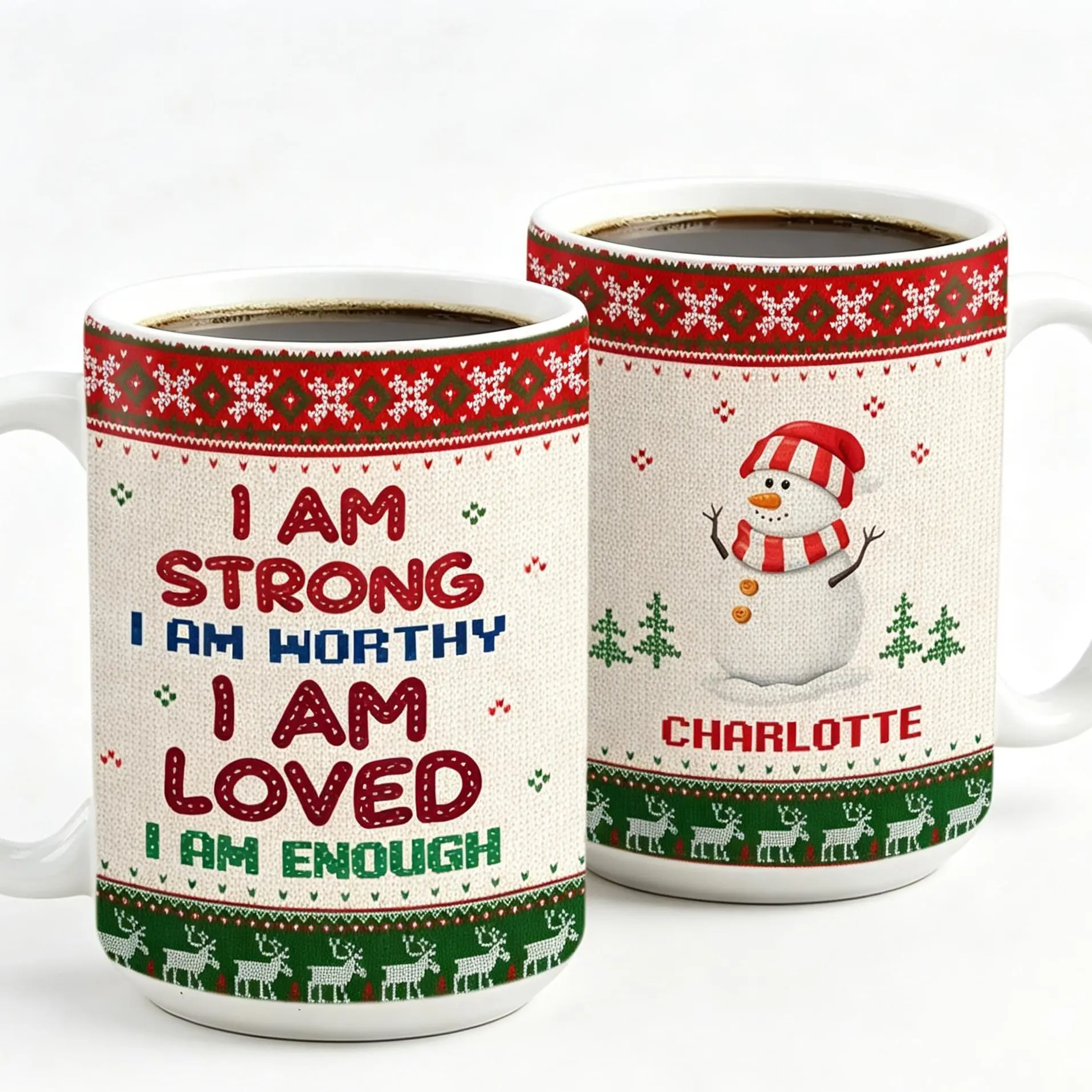 Snowflake Christmas Vacuum Insulated Mug Style Ceramic Coffee Cup, Custom Name Snowman Ugly Knit Pattern Mug, I Am Strong Worthy Loved Positive Affirmation Personalized Christmas Gift idea For Women