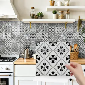 24PCS NHZ Art Tile Stickers, Black & White Geometric Pattern, PVC Crystal Film with Mirror Gloss, Peel & Stick Wall Decals, Removable No Residue, Easy to Clean for Bedroom Kitchen Bathroom Office Indoor Home Decor