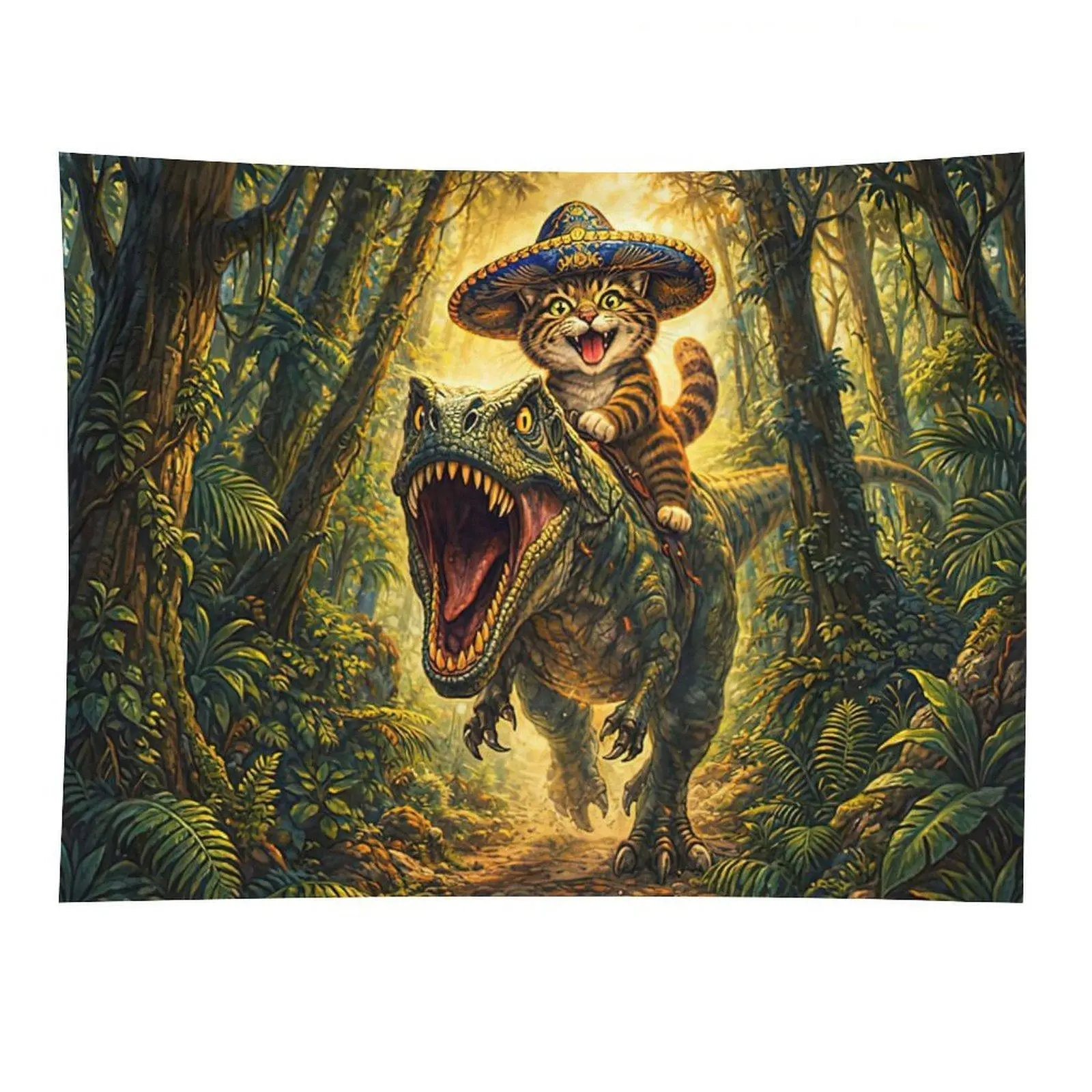 Sombrero Cat Riding T Rex Tapestry Jungle Dinosaur Adventure Wall Hanging Decor