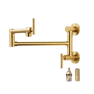 WOWOW Durable Multi-Purpose Single-Hole Wall-Mount Kitchen Faucet - Gold Finish, 2 Attachments, Over-Stove Pot Filler with Double-Joint Swing Arms, 360° Swivel, 21" Reach