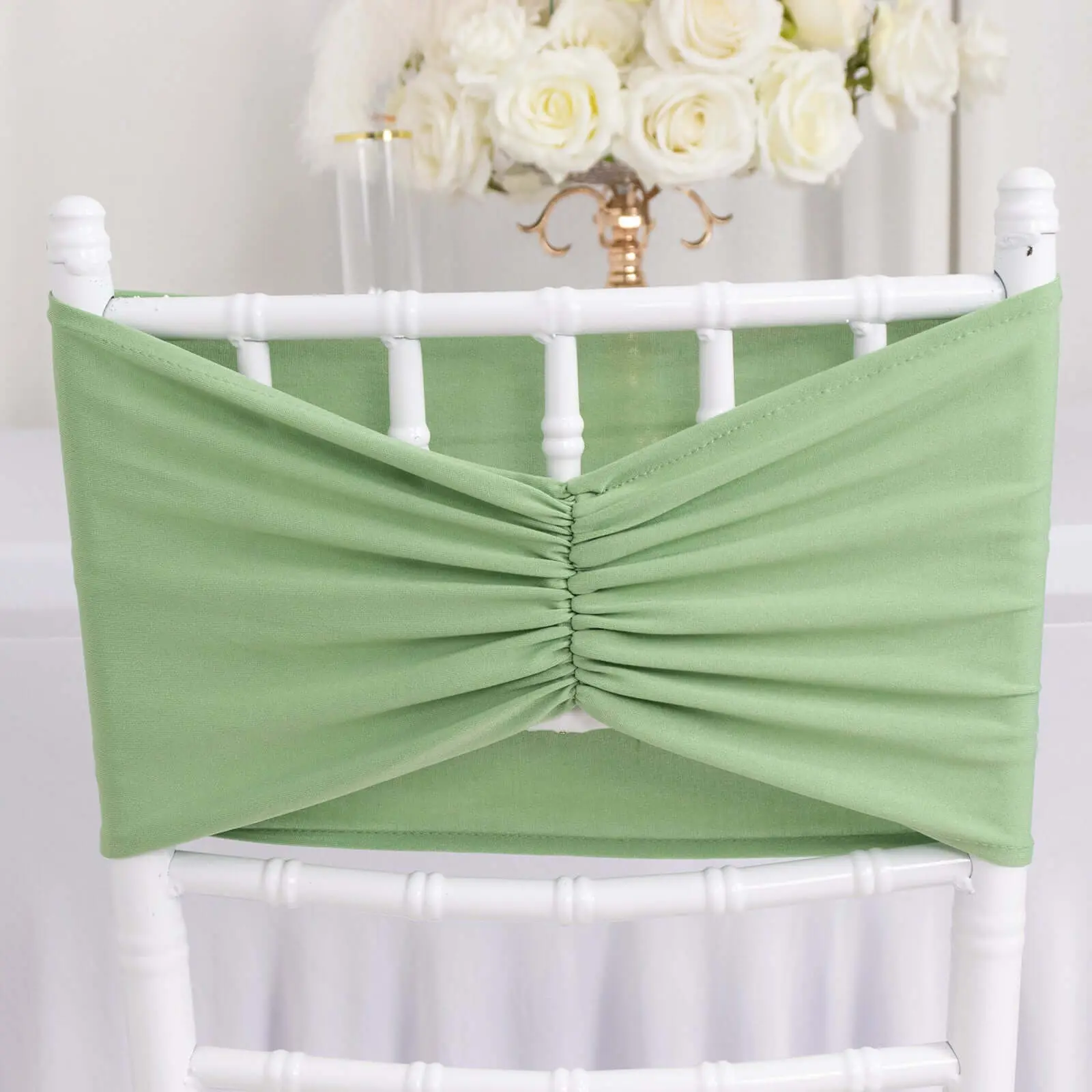 5 Pack Ruffled Spandex Chair Covers - Sage Green Wide Easy-to-Use Stretch Bands, 8"x13" Spandex Sashes