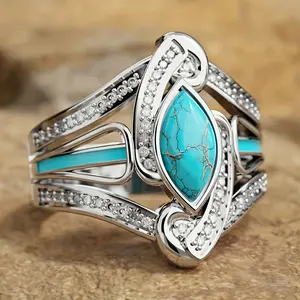 Bohemian Retro Turquoise & Cubic Engagement Ring for Women - Turquoise Center Stone with Marquise-Cut CZ, Vintage-Inspired Statement for Daily Wear & Special Occasions, Durable Affordable Luxury Gift, Intricate Design with Sparkling Stones, Imitation