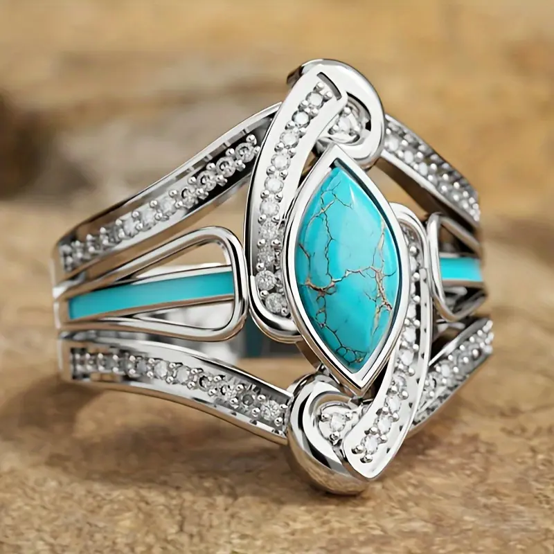 Women's Vintage Bohemian Copper-Base Crystal Ring - Marquise Shape, Turquoise Gemstone Setting, Affordable Daily Wear Female Jewelry, Sizes 6-10, Gemstone Setting Rings, Crystal Rings