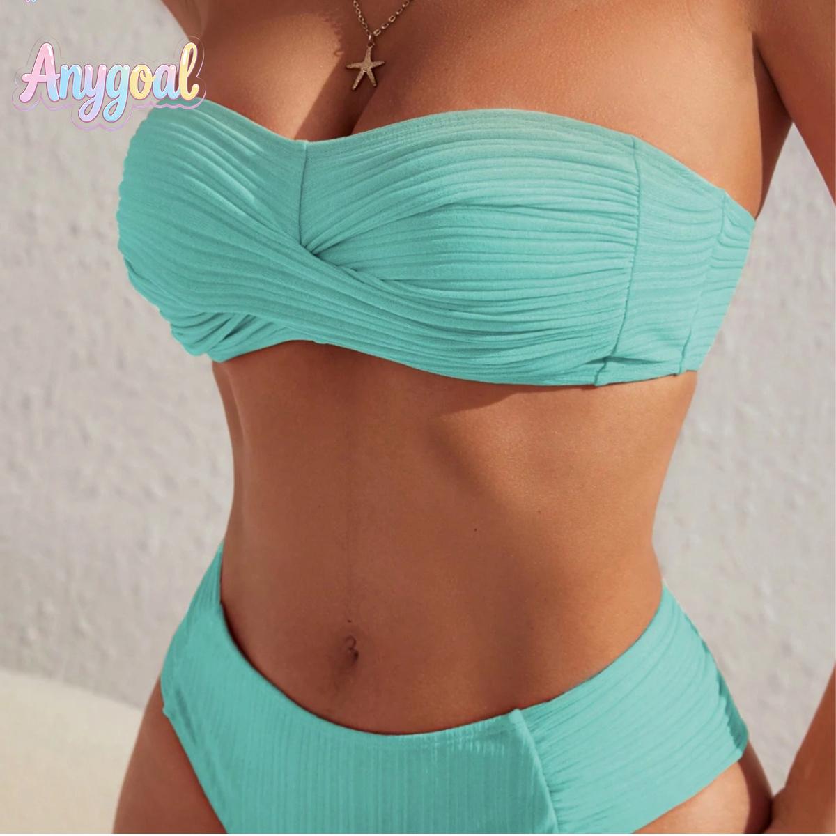 ANYGOAL Women Bandeau High Waisted Bikini Sets Smocked Swimsuit Strapless Two Piece Bathing Suit swimsuits 2026 women tankini swimsuits bathing suits flattering fortummy summer swimwear