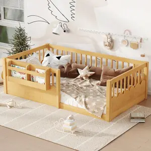 [Bellemave]Floor bed with Heightened Fence and bookshelf ,Wood Floor Bed for Kids
