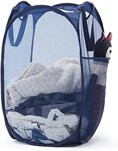 Collapsible Mesh Pop Up Laundry Hamper with Sturdy Handles and Side Pocket - Portable Foldable Clothes Baskets, Navy Blue Organiser
