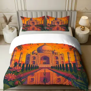3PCS Duvet Cover Set, 1 Duvet+2 Pillowcases(Without filler), Taj Mahal Sunset Lotus Garden Serenity theme, Diwali bedding set, Bohemian Exotic Indian Architecture Elegance Suitable for decoration bedroom living room guest room hotel.