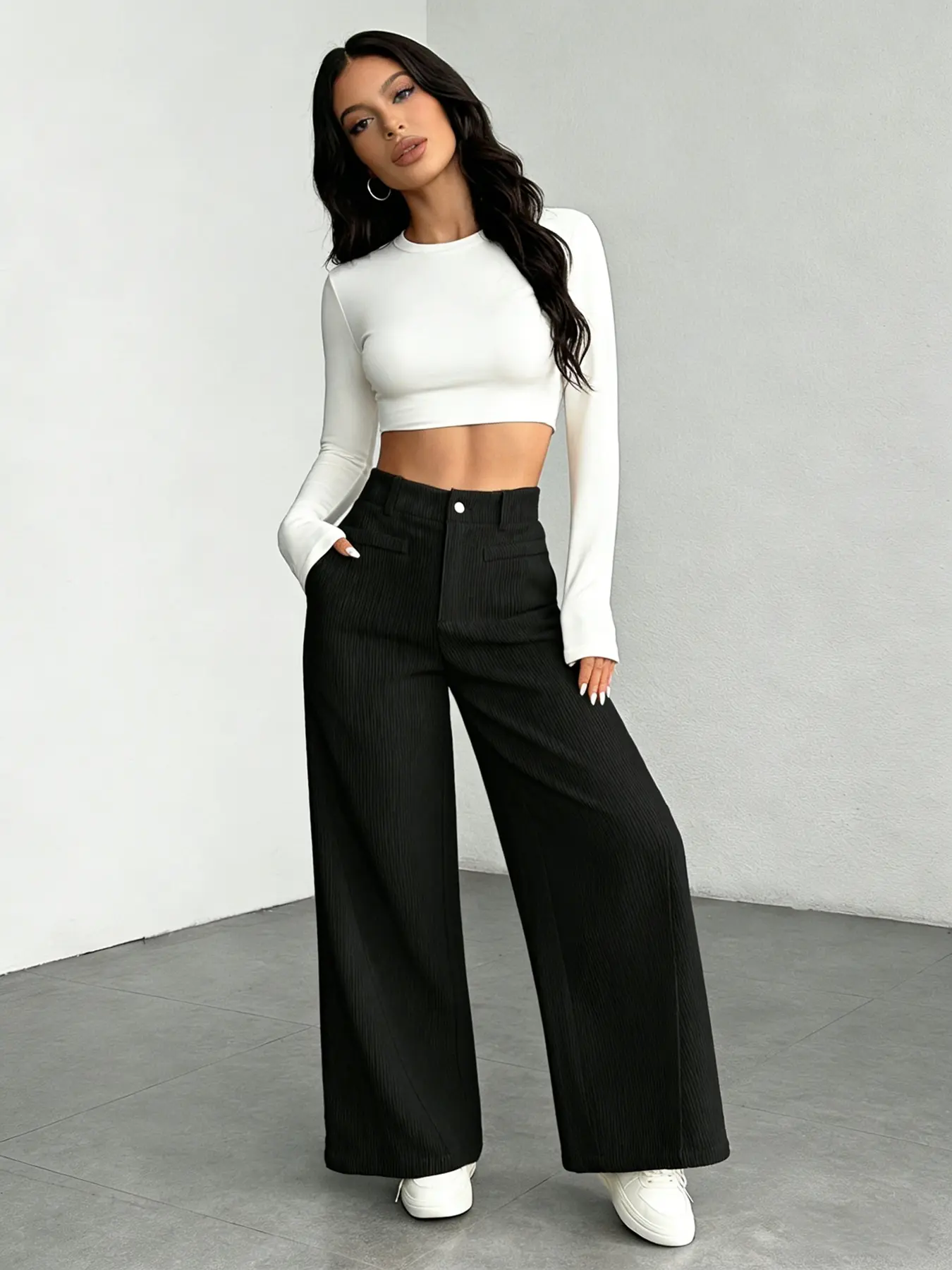 A women's casual, Minimalist and fashionable wide leg pants, high waist slimming straight leg pants, black hanging casual pants, suitable for all seasons, suitable for home, indoor, and outdoor wear, Casual fashion trousers