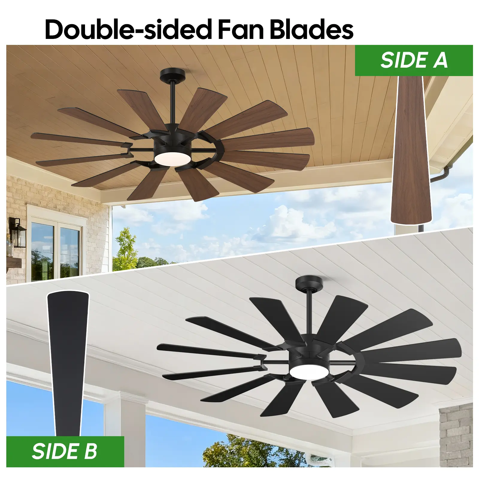 62/72 Inch Large Outdoor Ceiling Fans for Patios with Light and Remote, Wet Rated Plywood Dual Finish 12 Blades Modern Black High CFM Ceiling Fan Light, Quiet Reversible DC Motor Fan for Indoor Outside Porch Gazebo Garge