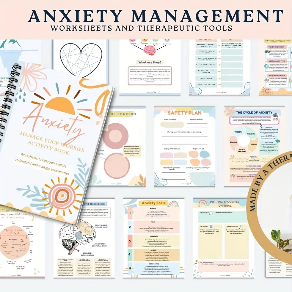 1pc Anxiety Management Activity Book & Guided Journal, Mental Health Journal - A5 Spiral Bound Planner, Therapeutic Tools with Anxiety Works Sheets, Ideal for Therapy Office Decor, DBT, CBT, and Wellness Exercises, Diary for a Better Life