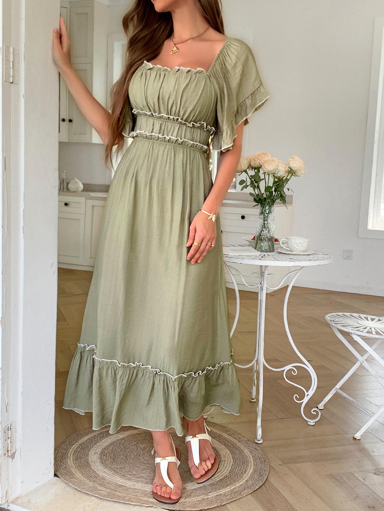 European And American Leisure Vacation Style Stringy Selvedge Short Sleeve Dress