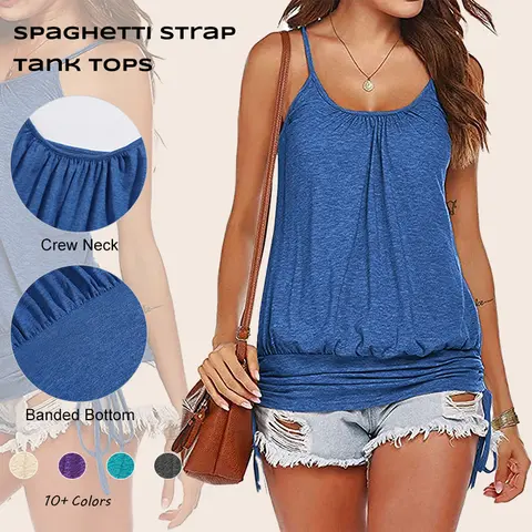 Imily Bela Women Summer Tank Tops Casual Spaghetti Strap Banded Bottom Loose Camisole Side Shirring Lace Up Shirt