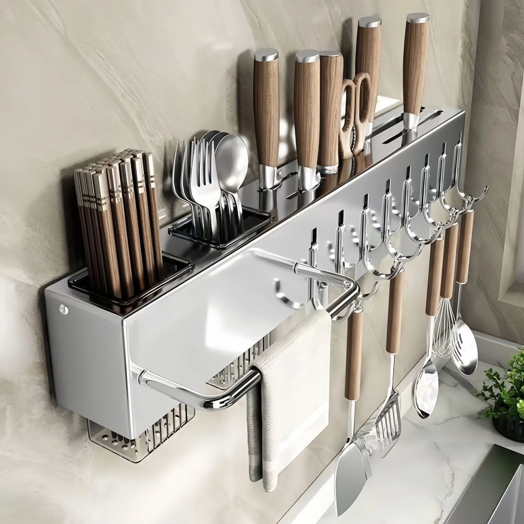 Stainless Steel Wall-Mount Kitchen Organizer Rack - Multi-Slot Knife Holder with Detachable Hooks, Towel Bar, Adjustable Divider Shelf, No-Drill Installation, Waterproof Space-Saving Storage for Cutlery, Spoons, Cooking Gadgets, Dishes,utility storage