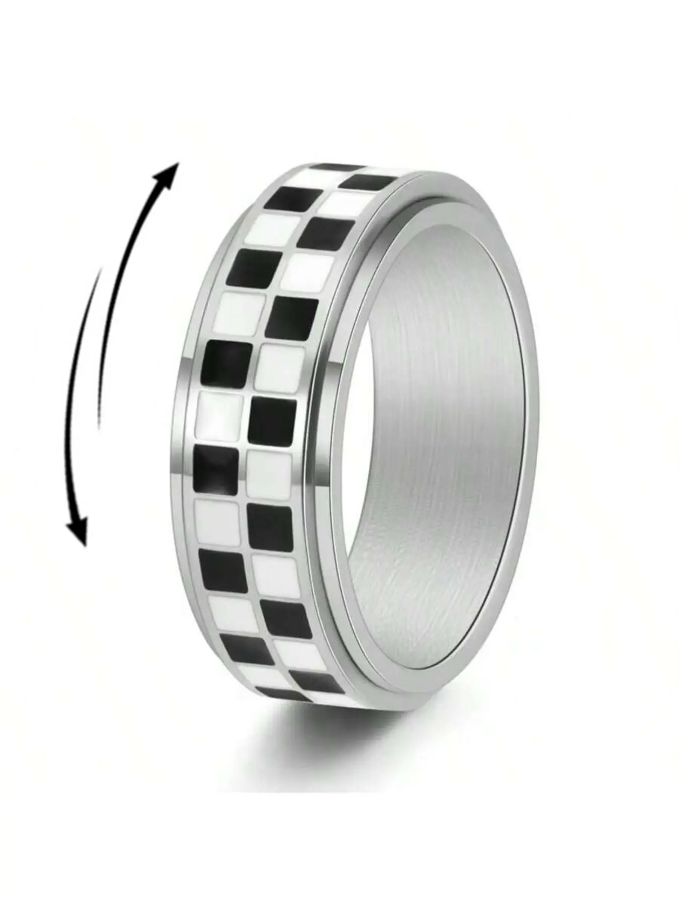 Checkered Fidget Ring for Women & Men, Stainless Steel Rotating Rings, Durable Material, Stress Relief Accessory, Fashionable Design, Geometric, Unisex Design, Plaid Pattern, Ideal Gift for Her