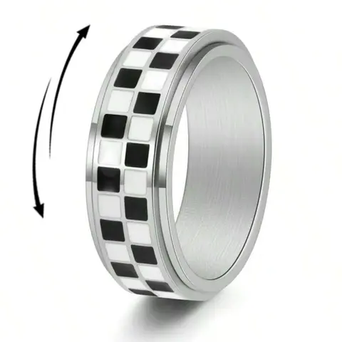 Checkered Fidget Ring for Women & Men, Stainless Steel Rotating Rings, Durable Material, Stress Relief Accessory, Fashionable Design, Geometric, Unisex Design, Plaid Pattern, Ideal Gift for Her