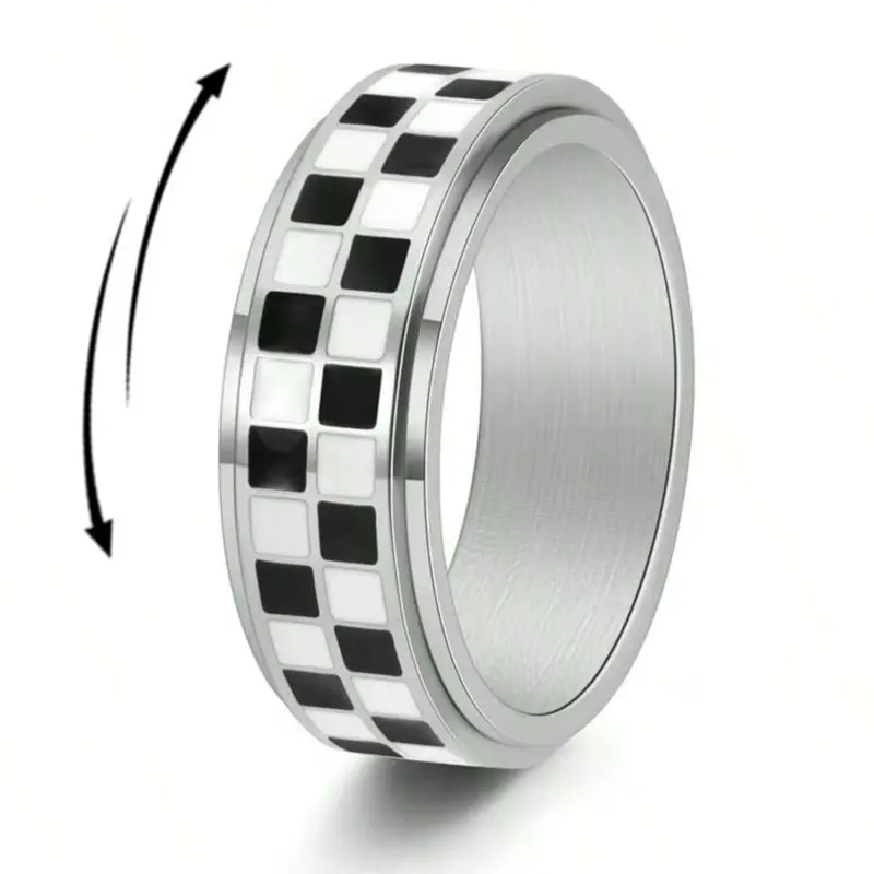 Checkered Fidget Ring for Women & Men, Stainless Steel Rotating Rings, Durable Material, Stress Relief Accessory, Fashionable Design, Geometric, Unisex Design, Plaid Pattern, Ideal Gift for Her