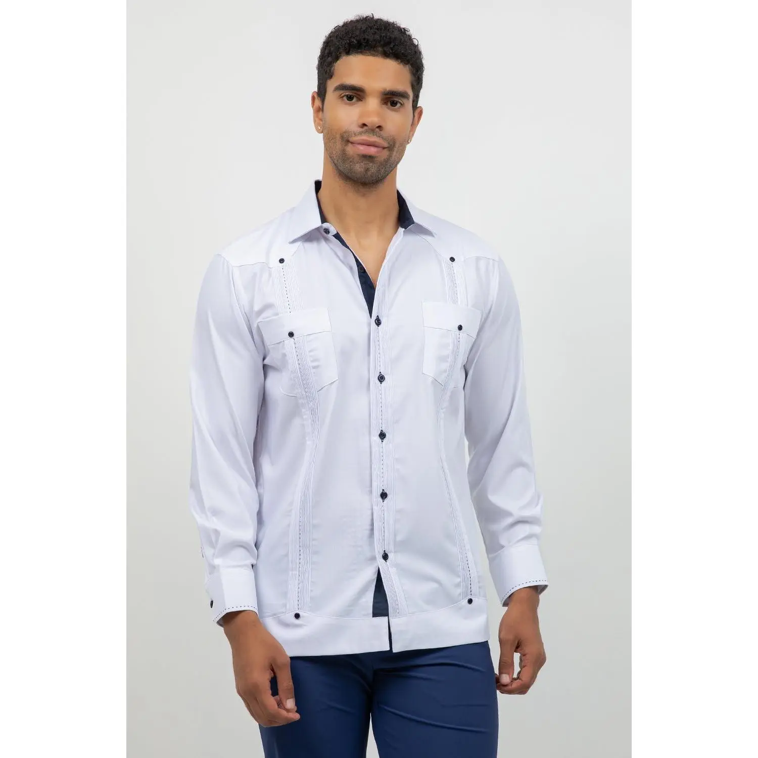 Cotton Blend Guayabera Long Sleeve Two Pocket Contrast Stitching
