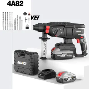 NANWEI Turning hole range 4A82 4-14MM SDS-Plus Rotary HammerDrill, 4 Functions in One Knob, Safety Clutch, 6 Speeds, 6200BPM /1050RPM, Fit for Concrete,Wood, Steel、drilling, hammer ,chiseling, adjustment Includes drill bit and 2 batteries, etc. Lithium