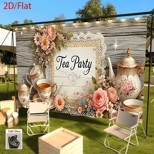 1pc 2D Flat Vintage-style Tea Party Backdrop Banner with Floral & Porcelain Design - Elegant 2D/Flat Polyester Decoration for Birthdays, Weddings, Mother'S Day, Father'S Day & Festivals, Versatile Indoor/Outdoo