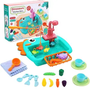 Dinosaur Kitchen Sink Toy with Automatic Water Circulation, Fun Kids Vegetable and Fruit Fishing Game, Interactive Bath Time Playset
