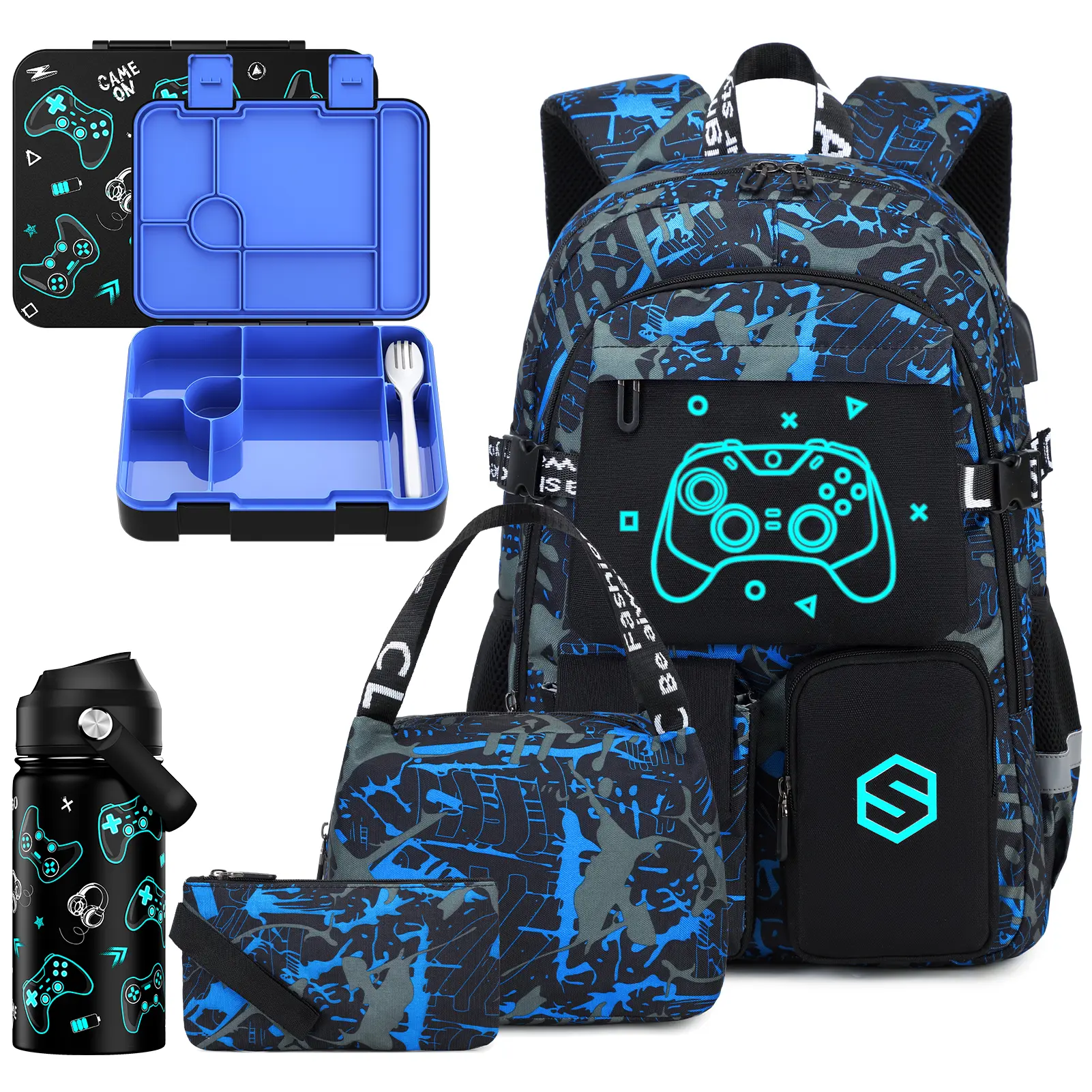 SIMILOVE Luminous Waterproof Backpack Set- Includes School Bag, Lunch Bag ,Pencil Case, Lunch Box & Water Bottle, Lightweight, School Backpack Book Bag For Back-to -School Students
