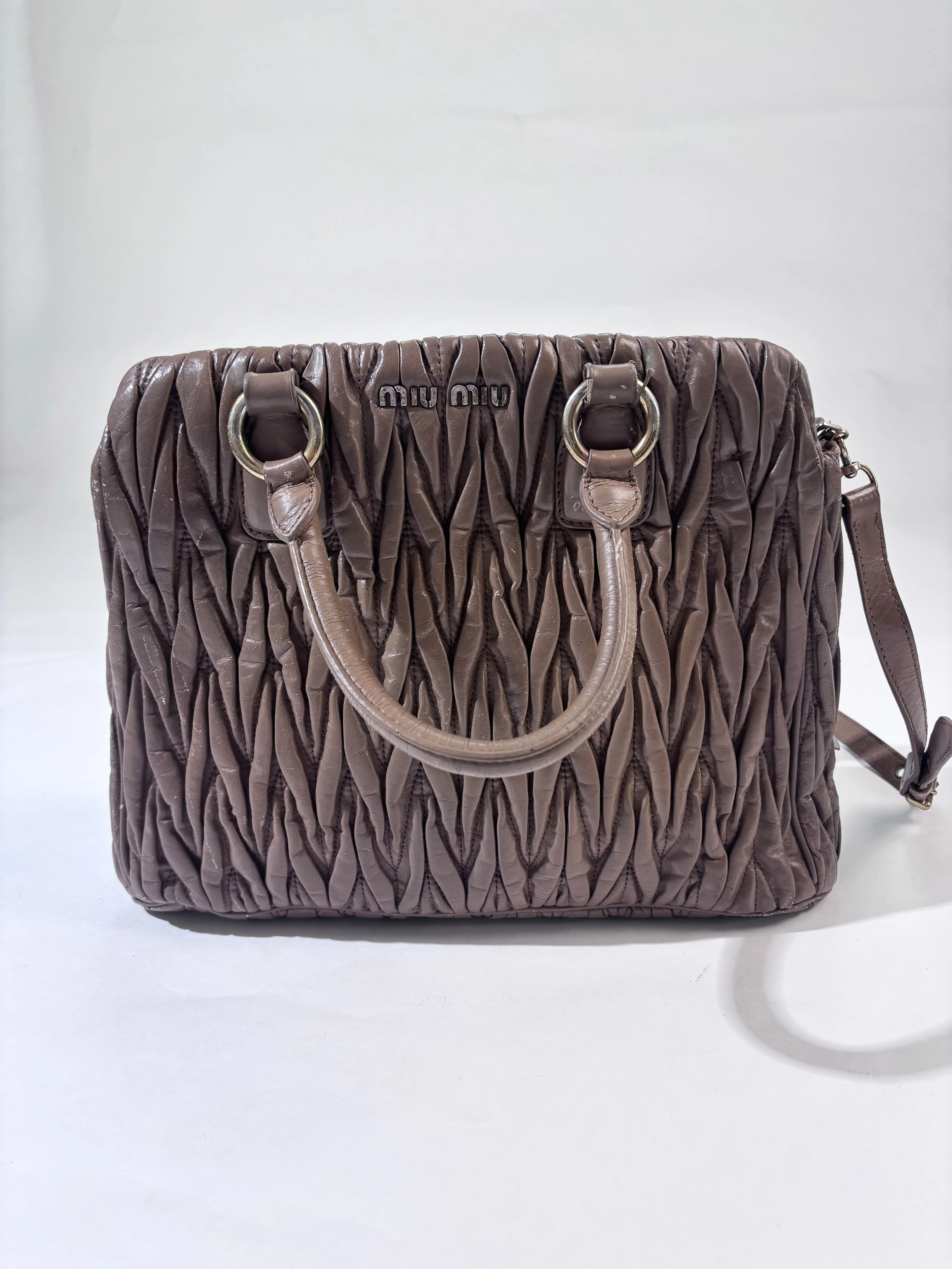 Pre-owned miu miu Leather Crossbody Bags Matelasse Gathered Bowling Bag, Taupe Brown Convertible Handbag Crossbody Shoulder Bag