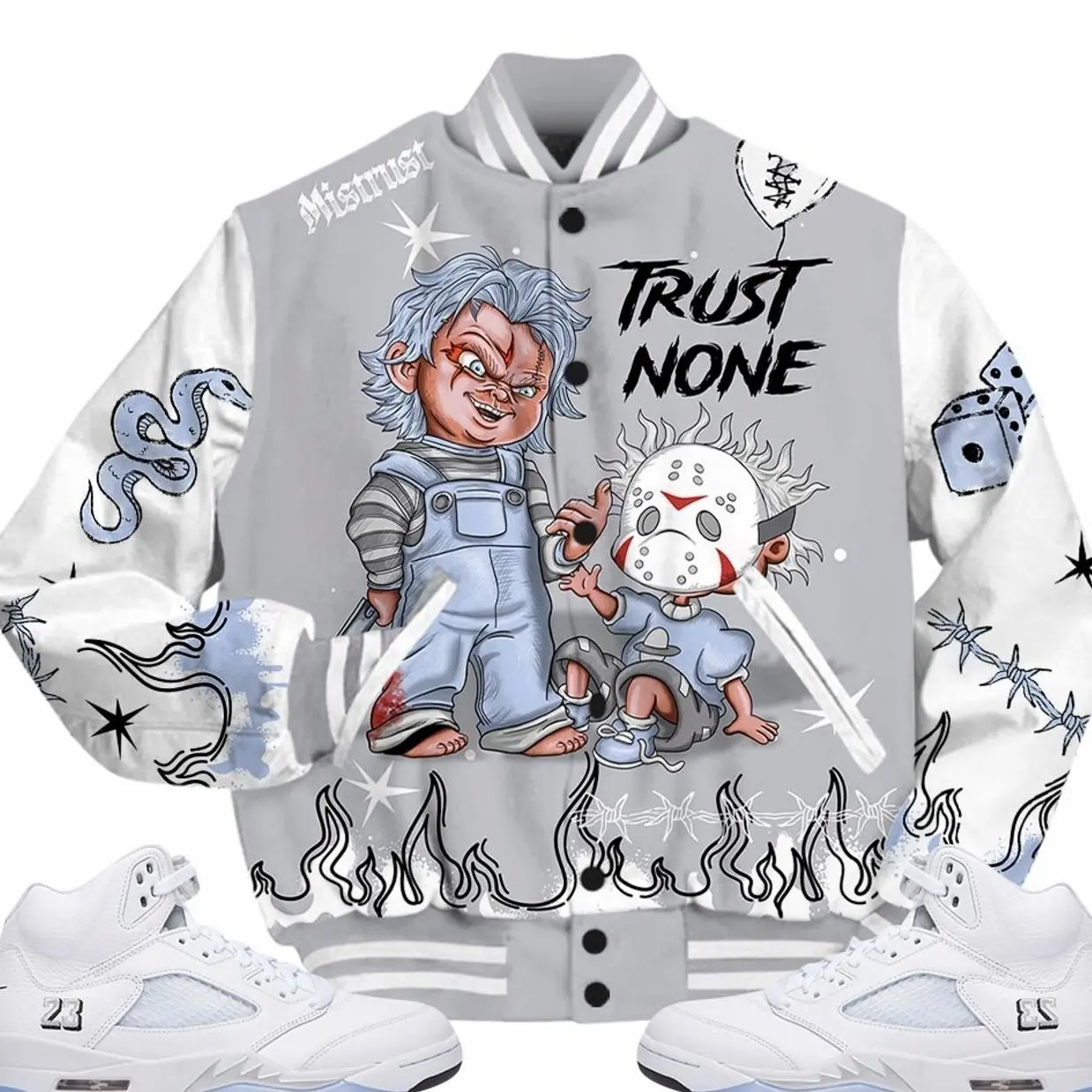 Retro White Metallic 5s Outfits Varsity Jacket, Scary Trust No One Unisex T-Shirts To Match Sneakers Streetwear