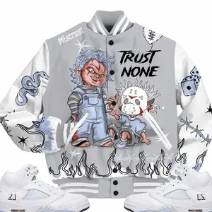Retro White Metallic 5s Outfits Varsity Jacket, Scary Trust No One Unisex T-Shirts To Match Sneakers Streetwear