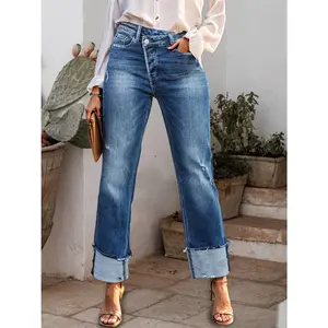 Stepped Waist Raw Hem Rolled Straight Jeans