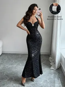 Women's Fashion Elegant Formal Party Dress with Rhinestone Decor, Sleeveless Straps Tie-Waist Bodycon Mermaid Hem Cocktail Gown, Womenswear