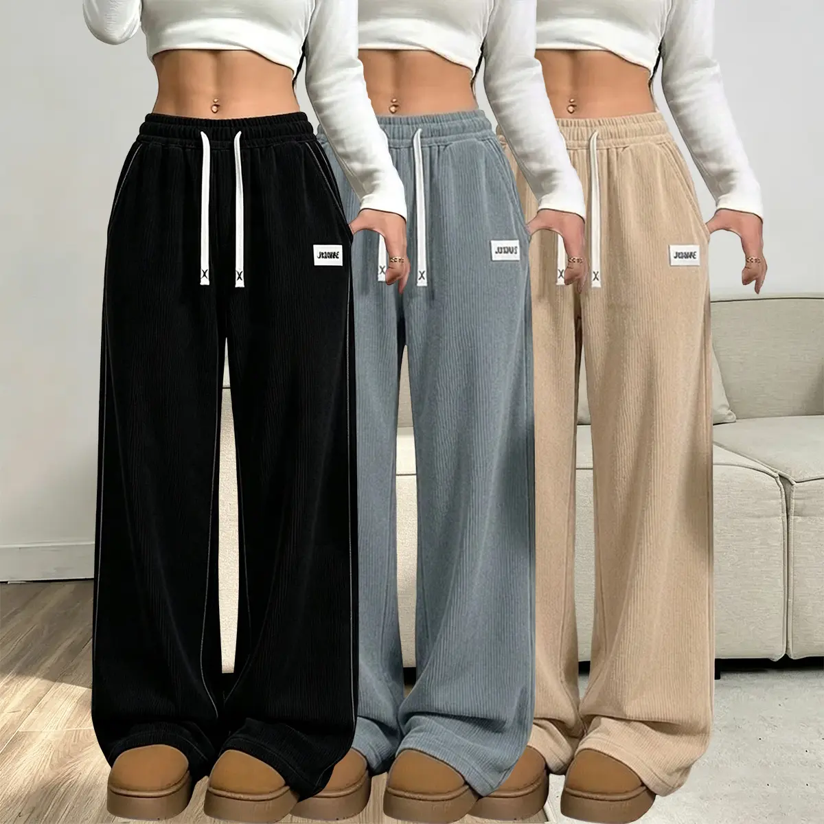 Three solid-color women’s sweatpants, straight wide-leg design, drawstring waist with pockets, flannel fabric, perfect for everyday wear and leisure activities; women’s bottoms, womenswear, new autumn arrival.