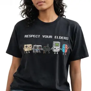 Funny "Respect Your Elders" Retro Gamer T-Shirt. Nostalgic 80s.90s Pixel Art Controller Graphic Tee.  oversize Trend  Gift for Him Her Unisex Cotton Top