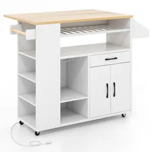 Modern Rolling Kitchen Island Cart with Power Outlet for Dining Room