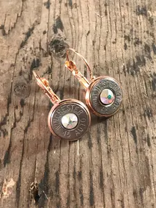 Rose gold lever back earrings with 45 Auto bullets
