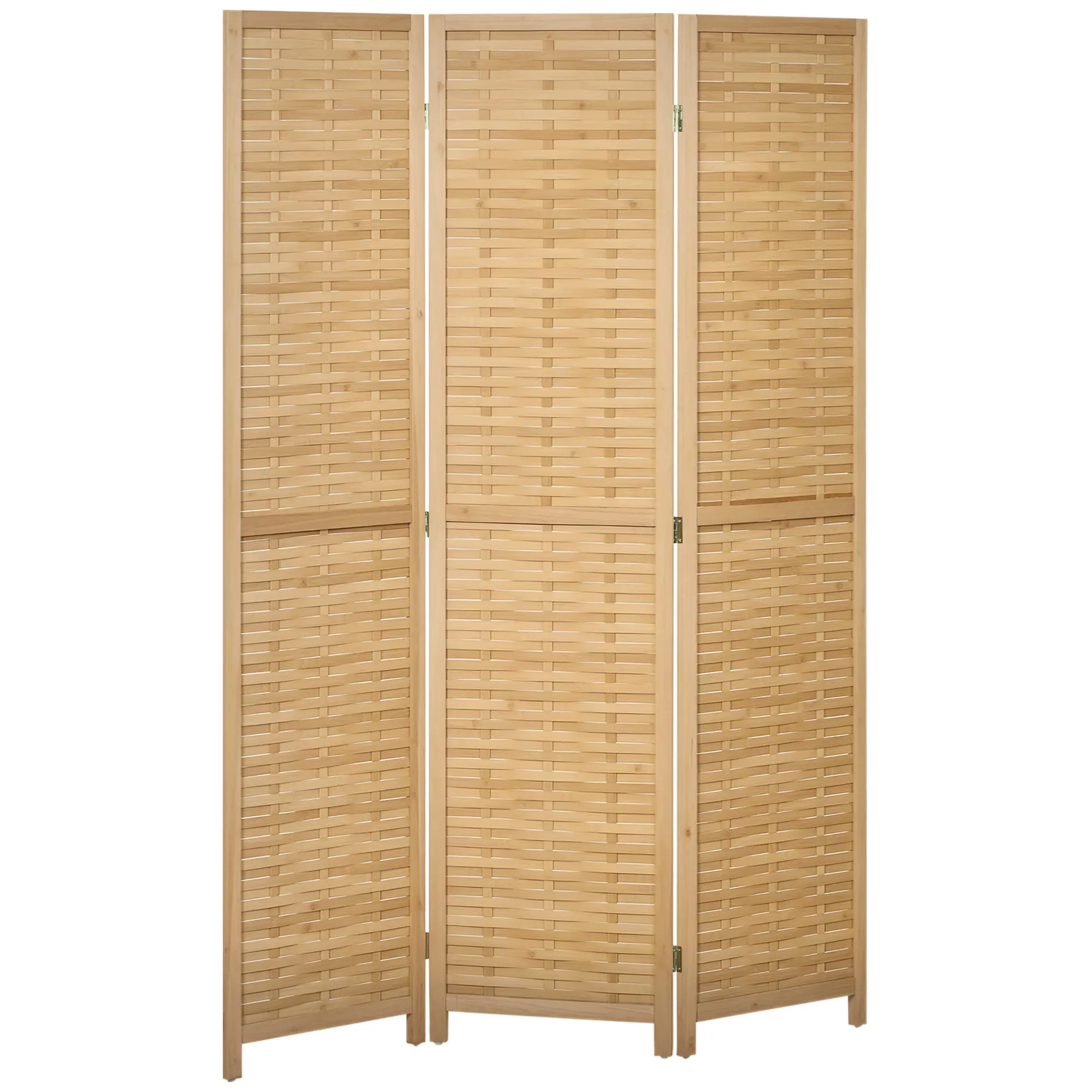 3 Panel Hand Woven Bamboo Room Divider – Natural. 47.25" W x 67" H x 0.75" D. Double Side Woven Bamboo + Metal Hinges + Anti-Slipping Feet. No Assembly