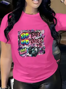 Women's Retro Pop Art T-Shirt, Neon Color Cassette Design, 80s/90s Theme Party Wear, Casual Fashion, Short Sleeve, Spring & Fall