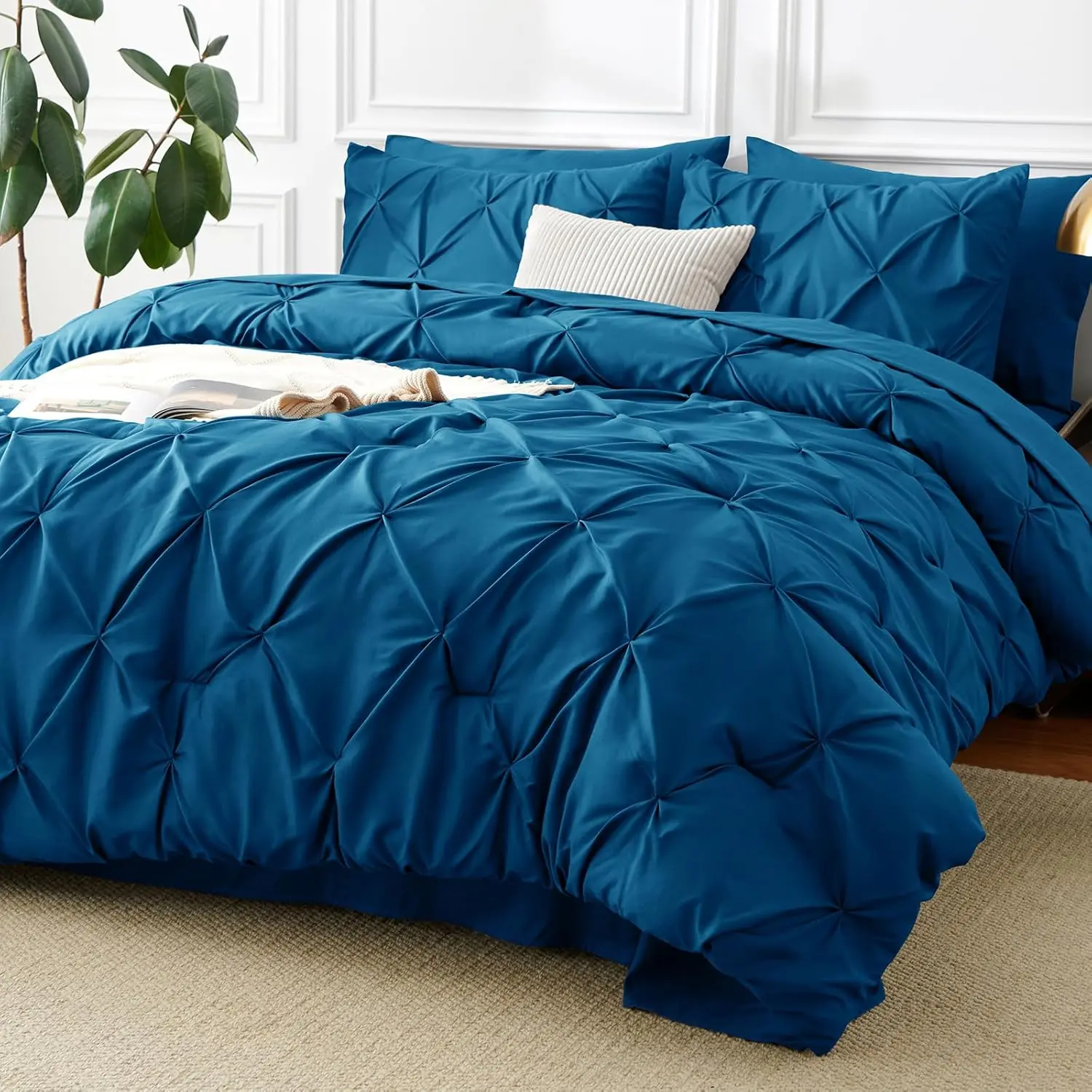 Queen Comforter Teal, 7 Pintuck A Bag, Premium Teal Comforter Queen Size, Pinch Pleat Sets with Comforter,, Pillowcases  Shams