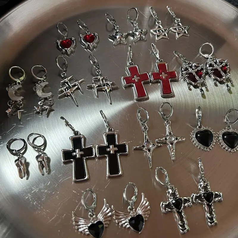 Gothic Vintage Y2K Punk Moonlight Stone Bowknot Moon Heart Wings Cross Pendant Earrings Egirl Grunge EMO Scene 2000s Accessories